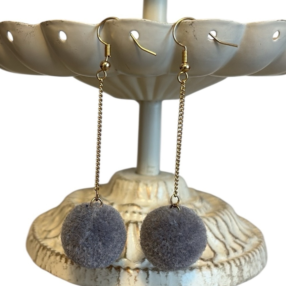 Plunder Pom Pom Earrings Gray and Gold New
